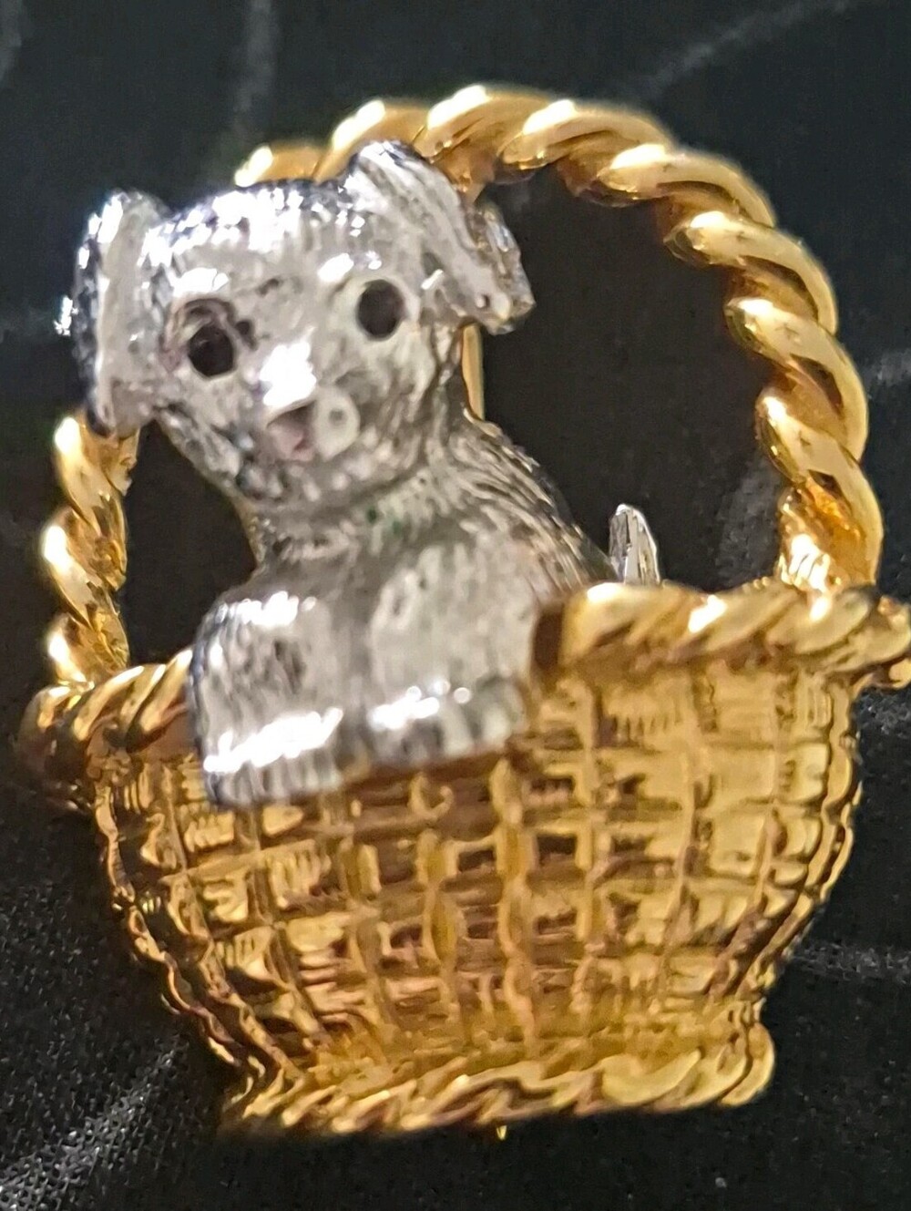 Vintage Joan Rivers Classics Collection two-tone "Puppy in a Basket" Brooch